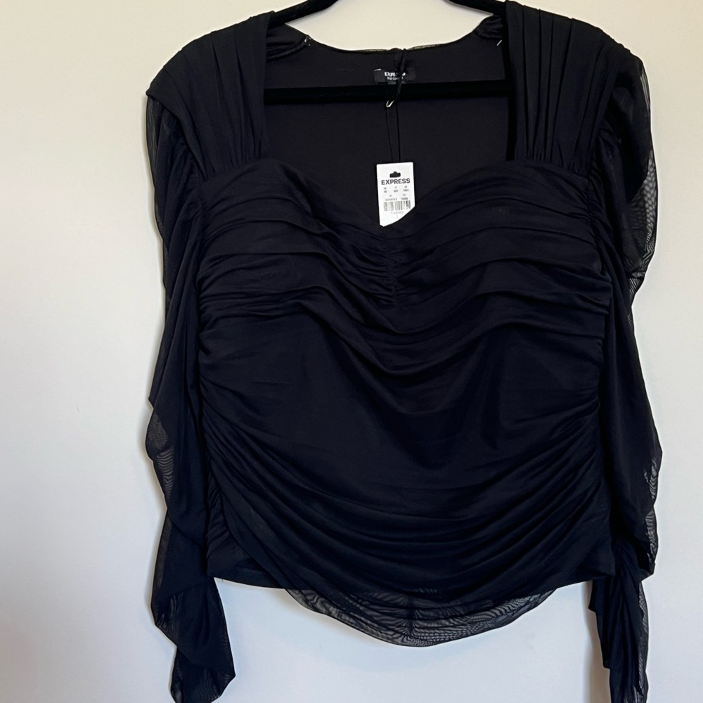 Express Black Sweetheart Neckline Ruched Shapewear Long Sheer Top Blouse NWT